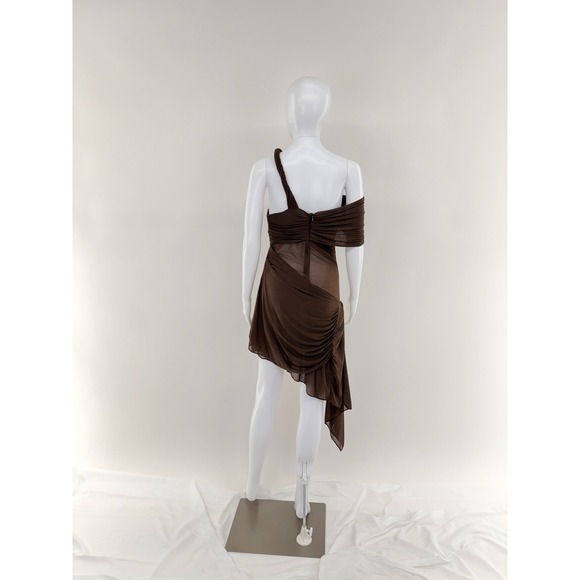 Ronny Kobo Brown One Shoulder Ruched Sheer Draped Mini Dress Size L - Picture 4 of 11